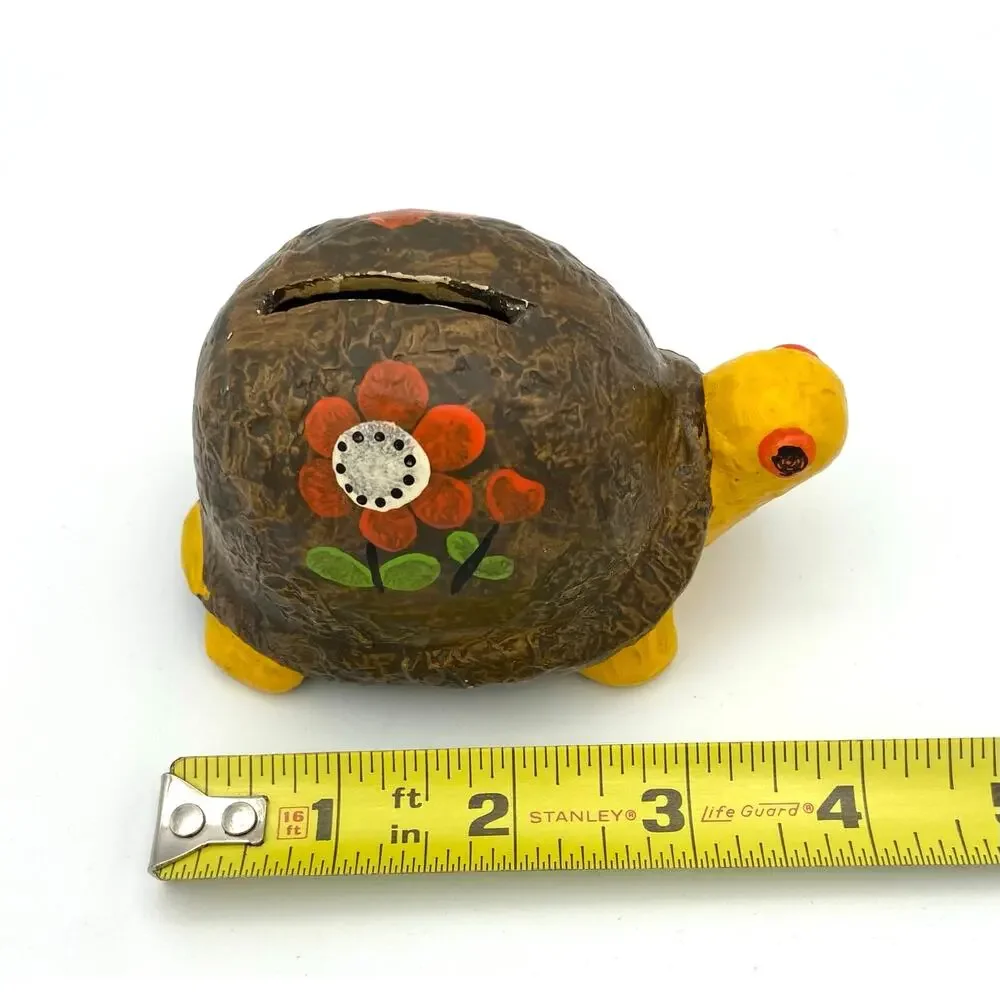 Vintage Ceramic Turtle Coin Bank 1970s Hippie Boho Flowers READ